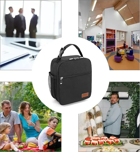 Vista 6 de Femuar Bolsa de almuerzo para hombres, mujeres y adultos, pequeña para oficina, trabajo, picnic, bolsa de almuerzo portátil reutilizable, color negro