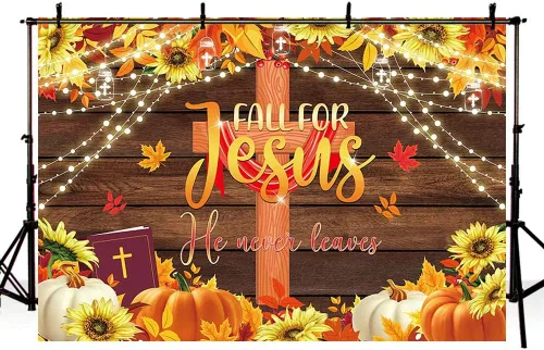 Vista 4 de AIBIIN Fondo de otoño de 7 x 5 pies, decoración de fiesta de Acción de Gracias, religión cristiana, fondo de poliéster, pancarta de calabaza