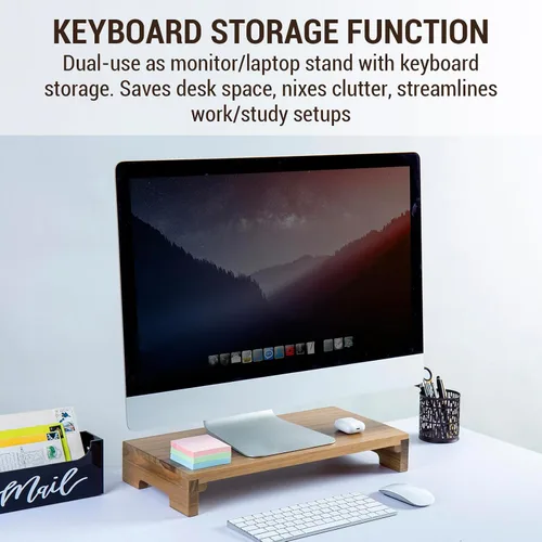 Vista 3 de MyGift Soporte de monitor de escritorio de madera maciza de acacia premium, elevador para laptop y almacenamiento de teclado, organizador