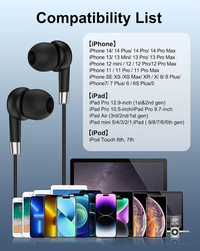 Vista 7 de Auriculares Lightning para iPhone, auriculares intraurales con cable Apple con certificación Mfi for iPhone 14 Pro Max/14Pro/14Plus/14/13Pro/13