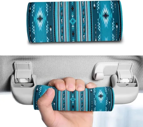 Vista 3 de Belidome 2 piezas Azteca para asa de equipaje, empuñaduras azules del suroeste tribal estampado geométrico para bolsa de viaje, maleta, protector