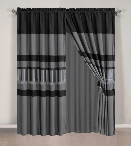 Vista 2 de GrandLinen - Juego de edredón de 7 piezas tamaño King de chenilla/tejido jacquard con rayas gris/plateadas extragrande, juego de cama completo