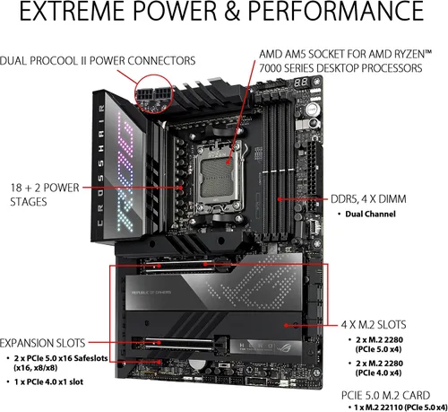 Vista 2 de ASUS ROG Crosshair X670E Hero AMD X670 AM5 Ryzen™ Desktop 9000 8000 y 7000 ATX Motherboard, 18 + 2 etapas de potencia, PCIe® 5.0, DDR5, 5X ranuras
