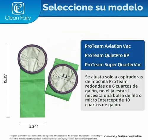 Vista 2 de 15pk 6QT Bolsas de vacío para ProTeam QuietPro BP y Super QuarterVac 100431