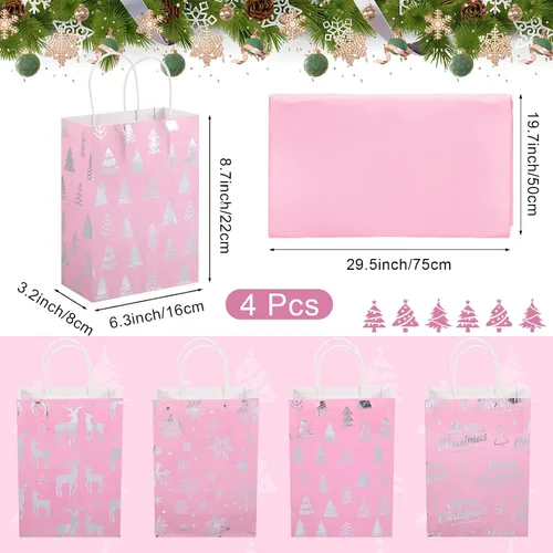Vista 2 de Pasimy 24 bolsas de regalo de Navidad rosadas con papel de seda, bolsa de papel de dulces de Navidad rosa con lámina metálica plateada de copo