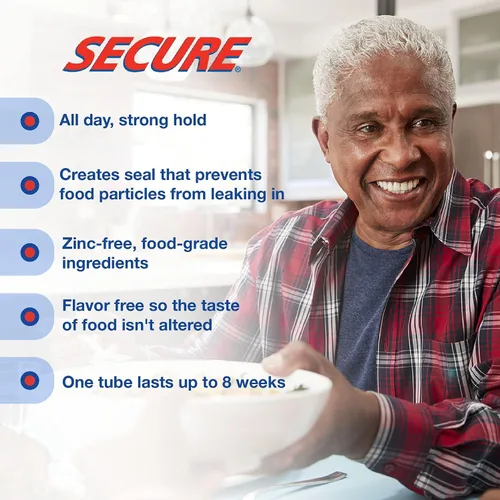 Vista 4 de Secure Adhesivo impermeable para dentaduras postizas, sin zinc, sujeción extra fuerte para superiores, inferiores o parciales, 1.4 onzas