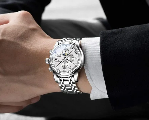 Vista 6 de CARNIVAL Reloj de lujo para hombre, mecánico automático, de acero inoxidable, cristal de zafiro, impermeable, para hombre