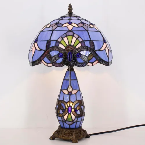 Vista 5 de Lámpara de Estilo Tiffany de Vidrio Manchado Azul Barroco de Mesa de 12X19 Pulgadas, Vaso Madre-Hija, Luz de Lectura para Escritorio, Decoración