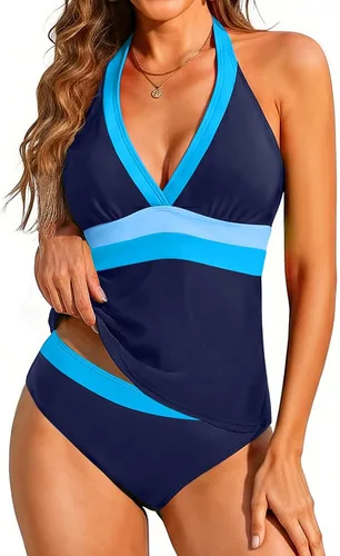 Vista 13 de Yonique Traje de baño de dos piezas para mujer, tankini con control de abdomen, talla grande, cuello halter en V Verde militar