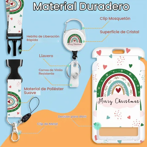 Vista 4 de Cordones de Navidad para insignias de identificación, carrete de insignia arcoíris resistente con clip de mosquetón, soporte de insignia