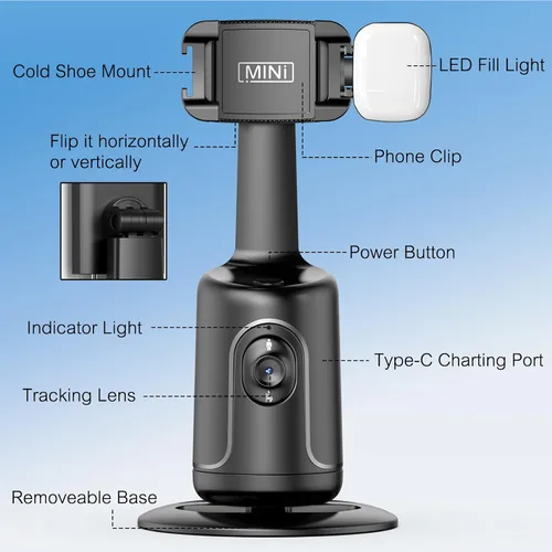 Vista 8 de Trípode para selfie con seguimiento facial automático con cardán de seguimiento inteligente desmontable, sin aplicación para disparar, kits de fotos