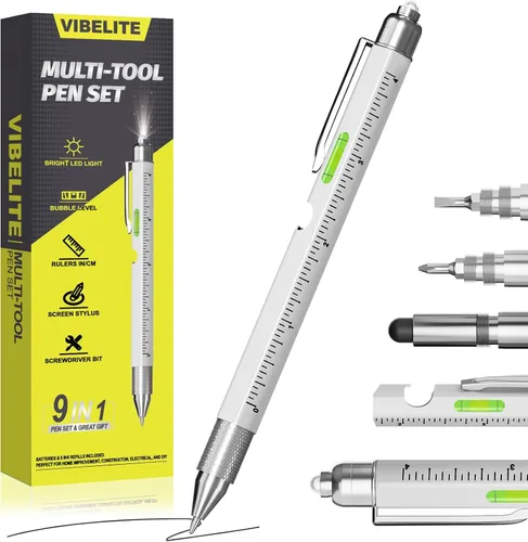 Vista 10 de Juego de bolígrafos multiherramienta 11 en 1 con LED, lápiz capacitivo, nivel, destornillador, cabeza plana, regla, regalos para hombres, él, papá