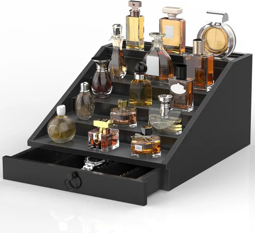 Vista 9 de upcessory Organizador de colonia de madera para hombres, estante mejorado de colonia de 4 niveles, organizador de perfumes con cajón forrado