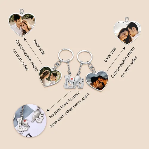 Vista 4 de PiercingJ Juego de 2 llaveros de fotos personalizados para él y ella grabado de doble cara colgante de imagen colorida para parejas llaveros
