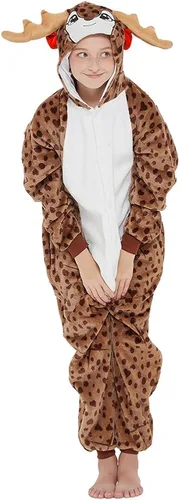 Vista 3 de ANBOTA mameluco de ciervo para niños, disfraz de Halloween, para niños y niñas, fiestas de renos, cosplay, de polar, pijama de una pieza con cierre