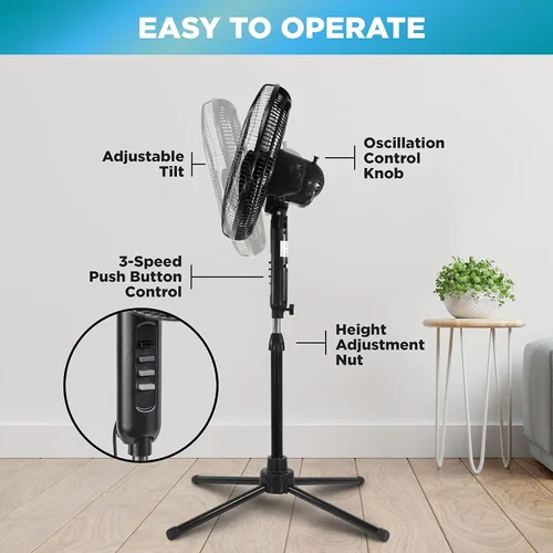 Vista 4 de Comfort Zone CZST161BTEBK Ventilador de pie oscilante de 16 pulgadas, opciones de 3 velocidades, cabezal oscilante de 90 grados, altura y Negro