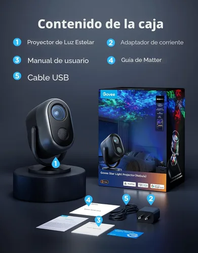 Vista 8 de Govee Luces de proyector de estrellas, efecto nebulosa colorida de 7 zonas, compatible con Matter, cobertura de 540 pies², luces de techo LED