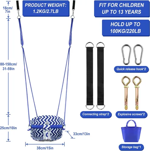 Vista 7 de Cómodo asiento de columpio para niños, columpio de bebé resistente, columpios de árbol colgantes de lona with Adjustable Rope, Safety Harness