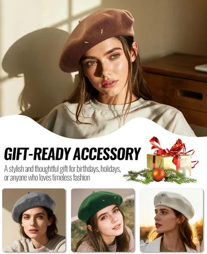 Vista 7 de CLAPE Boina de lana francesa para mujeres y hombres, sombreros de otoño e invierno, color sólido, boina cálida para artista, sombrero de pintor