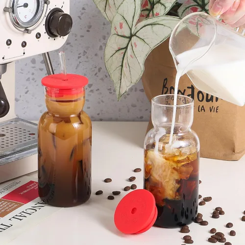 Vista 4 de CWHHRN Vaso de vidrio de 17 onzas con tapa y pajita, vaso de vidrio con pajita y tapa, cristalería vintage para whisky, cóctel, cerveza, jugo, tazas