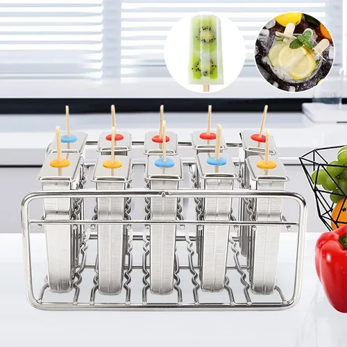 Vista 2 de Molde para hacer helados de acero inoxidable, moldes para paletas de hielo con 10 tazas de molde y estante, herramienta para hacer moldes de paletas