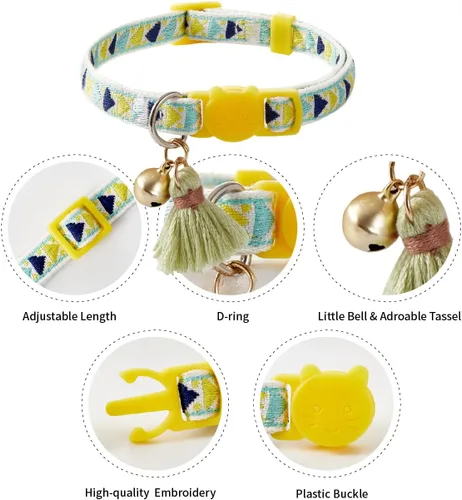 Vista 5 de Paquete de 2 collares de gato con bonito patrón colorido para gato, niño y niña, longitud ajustable con borla de campana, patrón tribal bohemio