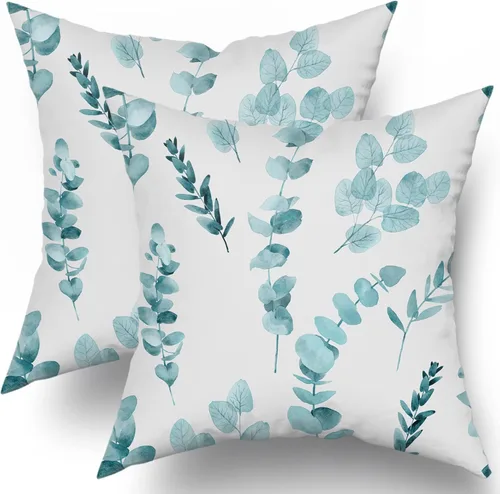 Vista 11 de Sweetshow Juego de 2 fundas de almohada decorativas de hojas azules marrones de 16 x 16 pulgadas, diseño de ramas de eucalipto, hojas florales