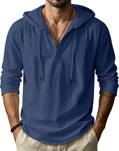 Vista 8 de Sudaderas con capucha de lino y algodón para hombre, estilo casual, manga larga, con botones, ligeras, informales, hawaianas, para la playa