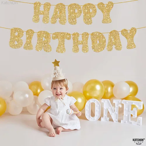 Vista 6 de KatchOn, Cartel de feliz cumpleaños dorado con purpurina – Pre-encordado, 10 pies Cartel dorado de feliz cumpleaños para niñas y niños Cartel