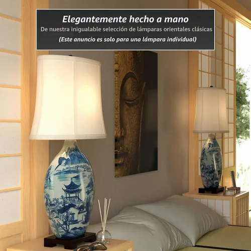 Vista 4 de Red Lantern Lámpara de jarrón de paisaje Ming azul y blanco de 32" Ming Paisaje