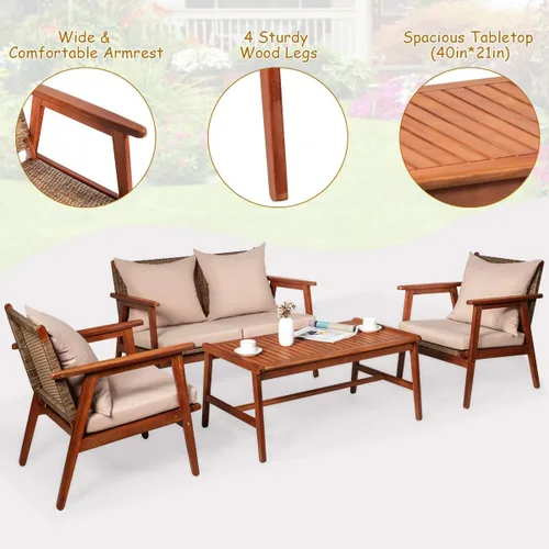 Vista 8 de Tangkula juego de 4 sofás de madera de patio, juego de asientos de madera de acacia para exterior con cojines y mesa de centro, juego de sofá