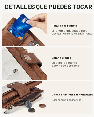 Vista 3 de BOSTANTEN - Cartera pequeña para mujer de cuero con bloqueo RFID, tarjetero plegable compacto con cremallera y bolsillo para monedas, Pequeña Beige