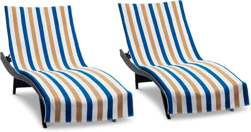 Vista 18 de Arkwright Cabo Funda para Tumbona - Paquete de 2 - Toalla de cabaña de algodón suave a rayas con soporte para bolsillo para silla de playa/piscina