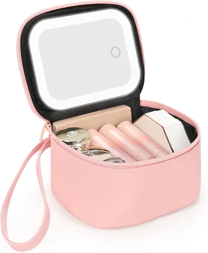 Vista 12 de Relavel Mini bolsa de maquillaje con espejo LED, pequeña bolsa de 01-Negro