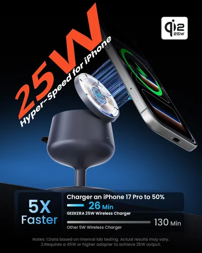 Vista 2 de GEEKERA Estación de carga 3 en 1 de carga rápida certificada Qi2.2 de 25W Gris fantasma