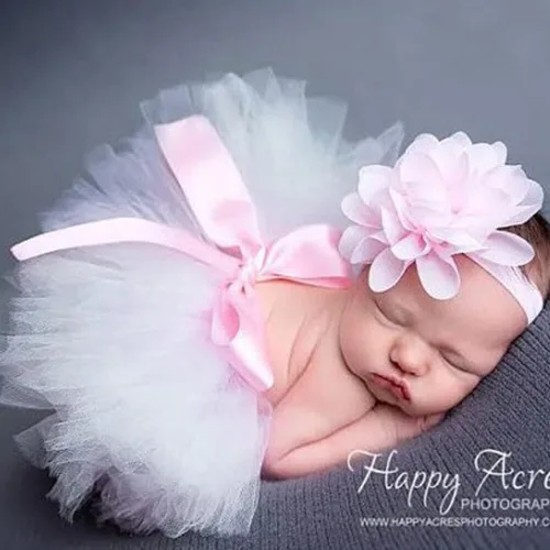 Vista 9 de Conjunto de accesorios de fotografía para recién nacidos, bonito tocado y falda de flores para bebés de 0 a 12 meses, niños y niñas