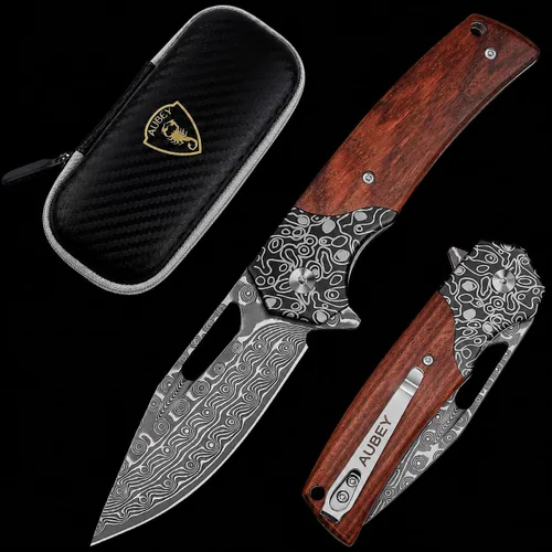 Vista 11 de Cuchillo de bolsillo de Damasco AUBEY con clip, cuchillos plegables con hoja de acero Damasco VG10, mango de madera, cuchillos EDC plegables