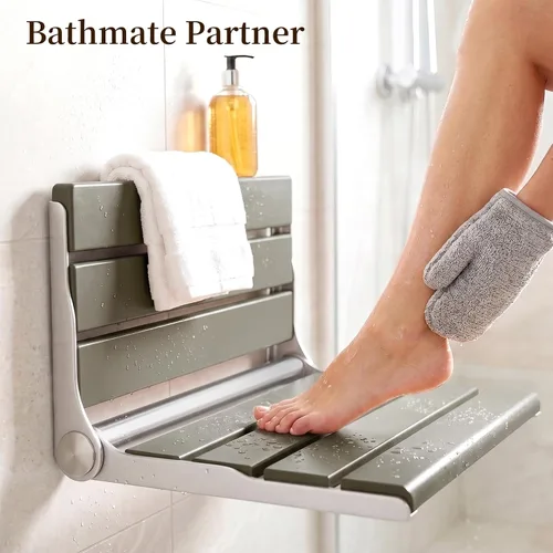 Vista 3 de Asiento de ducha plegable de teca, montado en la pared, banco plegable para espacios pequeños, carga máxima de 380 libras