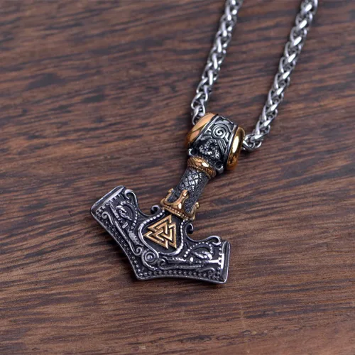 Vista 5 de LANGHONG Collar de martillo de Thor vikingo nórdico Mjolnir para hombre, joyería de talismán