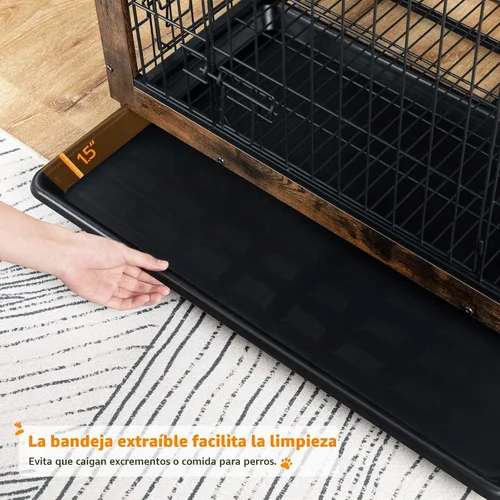 Vista 6 de Mueble de jaula para perros, perrera pequeña de 25.5 pulgadas para interiores, jaula de madera con bandeja extraíble, mesa auxiliar lateral que