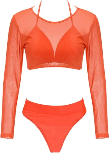Vista 2 de Meyeeka - Traje de baño sexy para mujer con camiseta de compresión de manga larga y talle alto, traje de baño con 3 piezas