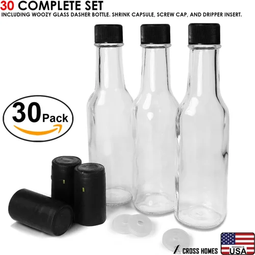 Vista 4 de Dasher - Botellas de salsa picante de 3 onzas, botellas vacías de vidrio transparente con cápsulas retráctiles, botella de vino pequeña con bandas