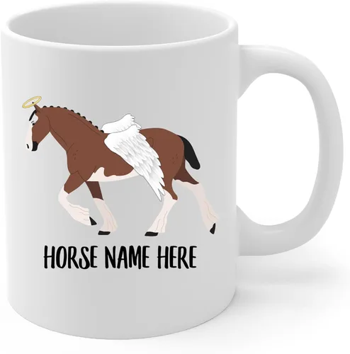 Vista 2 de Taza de café conmemorativa personalizada con alas de ángel y caballo Clydesdale marrón, regalos de condolencias para amantes de los caballos, taza