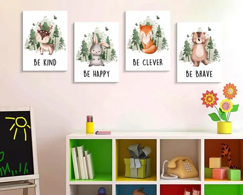 Vista 3 de Creoate Arte de pared para decoración de habitación de niños, 4 piezas de imágenes de animales lindos con citas inspiradoras, lienzo impreso, juego