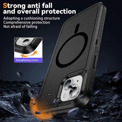 Vista 4 de Funda magnética para iPhone 13/iPhone 14 [compatible con Magsafe] [protector de pantalla de vidrio] [protección de grado militar de doble capa]