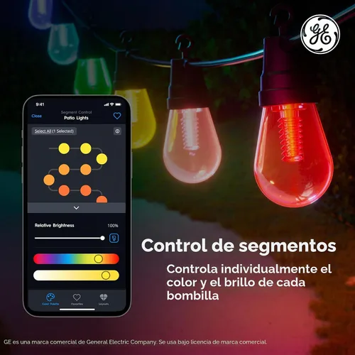Vista 6 de GE Cync Luces inteligentes para café con efectos dinámicos, luces de cadena para patio que cambian de color, compatibles con Alexa y Google, 48 pies