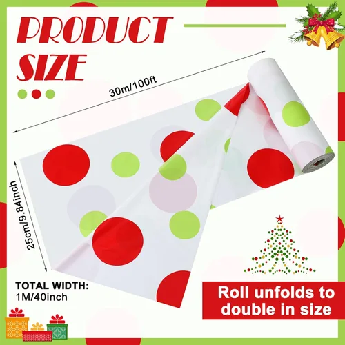 Vista 2 de Hosuly Rollo de mantel de Navidad de 100 pies x 40 pulgadas con lunares rojo y verde, mantel rectangular desechable de plástico para invierno