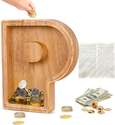 Vista 24 de Alcancía de Madera Personalizada con Letras del Alfabeto, Banco de Monedas con Letras del Alfabeto para Niños, Niñas y Bebés, Tamaño Grande, 26
