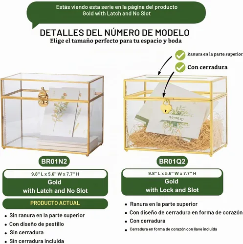 Vista 9 de NCYP Caja de tarjetas de vidrio dorada con tapa para recepción de boda, 9.8 x 5.6 x 7.7 pulgadas, caja de almacenamiento decorativa rectangular