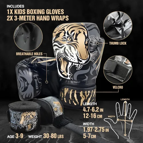 Vista 6 de Guantes de boxeo para niños con envolturas de mano para niñas y niños de 3 a 8 años, juego de boxeo de entrenamiento, guantes de golpeo